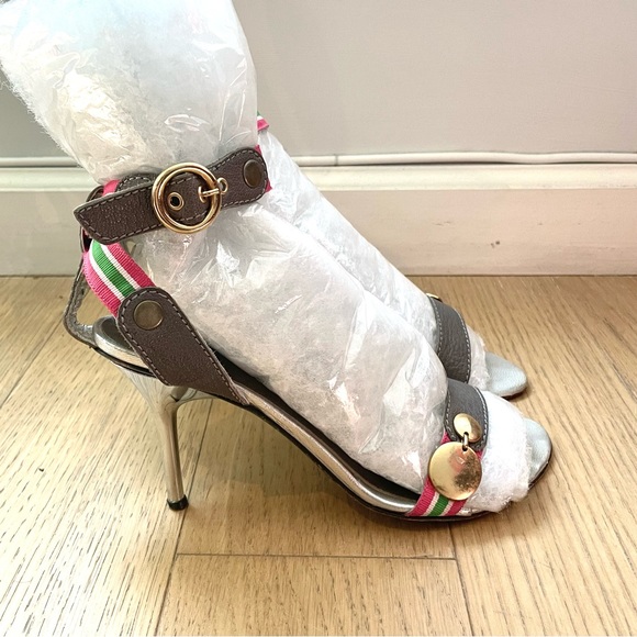 Silver High Heel Sandal’s w. Pink Striped Straps Gold Accessories Size 7 - Picture 9 of 9